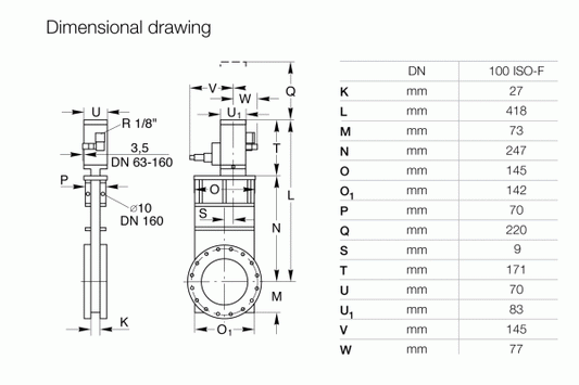 Technical dimensional drawing of the Leybold North America UHV Gate Valve - Stainless Steel Body DN 100 ISO-F, showing side/front views labeled by letters. A table lists dimension values (9–418 mm) for each label, designed for ultra-high vacuum sealing.