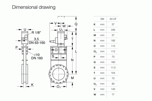 Technical dimensional drawing of the Leybold North America UHV Gate valve - Stainless Steel Body DN 100 CF, with labeled parts and measurements, plus a table listing each part's dimensions in millimeters—ideal for ultrahigh vacuum or high-purity use.
