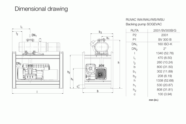 A technical dimensional drawing of a backing pump, labeled "RUTA WAU 2001 / SV 300 B / G" by Leybold North America, with detailed measurements in millimeters. The drawing includes front and side views, annotations for various dimensions such as height, width, and depth, and component labels including P1, P2, DN1, and DN2.