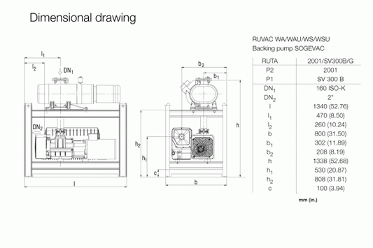 A technical dimensional drawing of a backing pump, labeled "RUTA WAU 2001 / SV 300 B / G" by Leybold North America, with detailed measurements in millimeters. The drawing includes front and side views, annotations for various dimensions such as height, width, and depth, and component labels including P1, P2, DN1, and DN2.