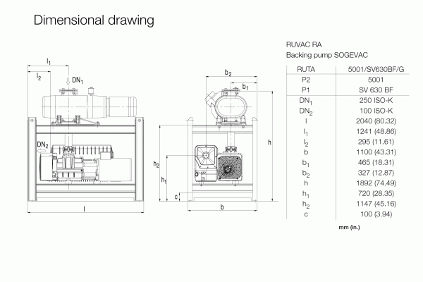 Dimensional drawing of the RUTA RA 5001 / SV 630 BF / G backing pump Leybold North America. It includes a detailed technical diagram with specific measurements, showing front and side views with labeled dimensions such as DN1, DN2, h1, h2, L, l1, l2, b1, and b2 in millimeters (mm).