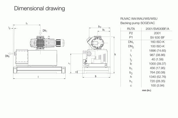 This technical dimensional drawing of the RUTA WAU 2001 / SV 630 BF / A, a versatile backing pump model from Leybold North America, includes precise measurements in millimeters (mm) and inches (in). It details the width, height, and various diameters of different sections, with clearly labeled side and top views for ease of understanding.