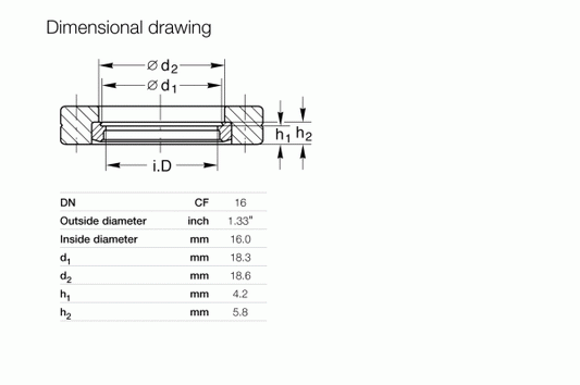 Dimensional drawing of a washer optimized for fluid and gas transmission systems with precise measurements: Outside diameter 1.33 inches, inside 16 mm, d1 18.3 mm, d2 18.6 mm, h1 4.2 mm, h2 5.8 mm—compatible with Leybold North America's CF-Bore Flanges DN 16 CF (Rotatable).