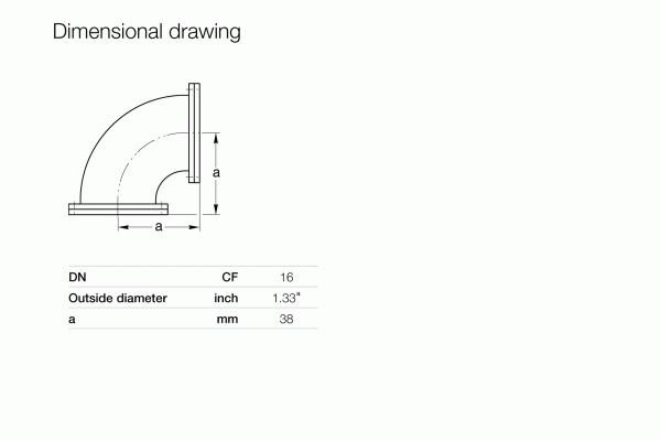 Dimensional drawing: Line drawing of Leybold North America CF-Pipe Bend 90° DN 16 CF, L-shaped with flange. Labeled "a" = 38 mm, CF16 flange, OD 1.33". Shows fluid flow direction change.