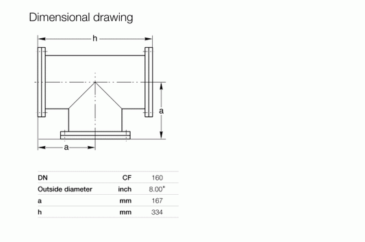 Technical dimensional drawing of the Leybold North America CF-Tees DN 160 CF pipe fitting, with labeled dimensions: DN CF 160, outside diameter 8.00", a = 167 mm, h = 334 mm; classic design includes lines and arrows for measurements.