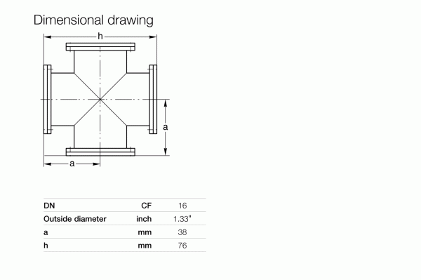 Technical dimensional drawing of the Leybold North America CF-Crosses DN 16 CF pipe fitting with labeled dimensions “a” (38 mm) and “h” (76 mm); table shows CF (16), outside diameter (1.33"), and other measurements.