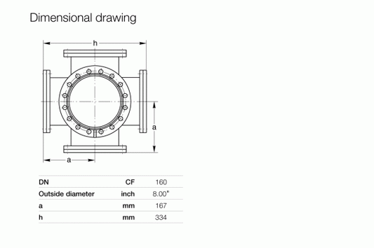 Technical drawing of the Leybold North America CF-Double Crosses DN 160 CF flanged pipe fitting with labeled dimensions: outside diameter 8.00 in, dimension "a" 167 mm, and dimension "h" 334 mm.