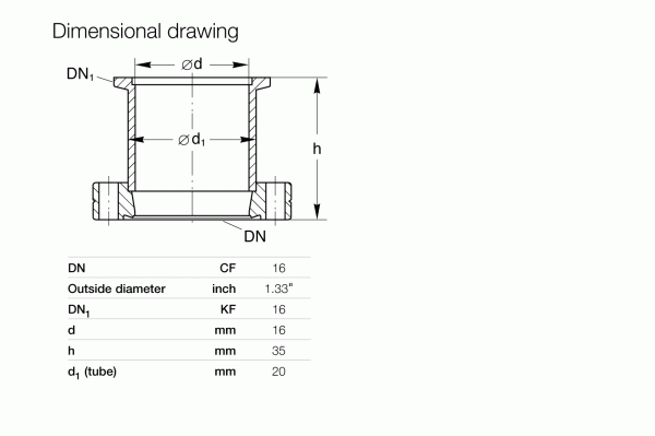 The dimensional drawing of the Leybold North America Adaptors DN 16 CF / DN 16 ISO-KF, designed for high-vacuum environments, shows measurements: DN/DN1 (1.33"), CF/KF/d (16 mm), h (35 mm), d1 (tube, 20 mm) with lines and arrows for dimensions.