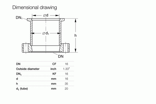 The dimensional drawing of the Leybold North America Adaptors DN 16 CF / DN 16 ISO-KF, designed for high-vacuum environments, shows measurements: DN/DN1 (1.33"), CF/KF/d (16 mm), h (35 mm), d1 (tube, 20 mm) with lines and arrows for dimensions.