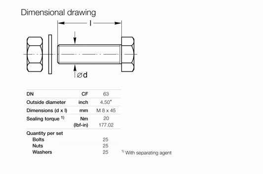 Technical drawing of Leybold North America Hexagon Bolts Set for CF Flanges DN 63 with labeled dimensions and a table showing OD (4.50"), size (M 8 x 45), sealing torque (20 Nm), corrosion resistance, and 25 bolts, nuts, and washers each.