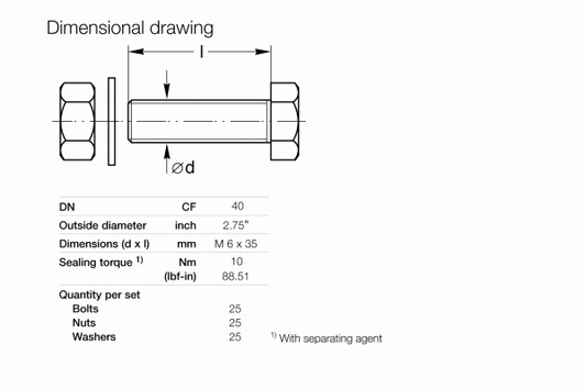 Technical drawing of Leybold North America Hexagon Bolts Sets for CF Flanges DN 40, showing dimensions. Table lists specs: 2.75" OD, M6 x 35mm, sealing torque 10 Nm; includes 25 bolts, nuts, and washers.