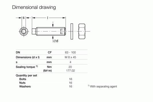 The dimensional drawing of the Leybold North America Bolts DN 63-100 ISO-F / DN 63-200 CF shows a high tensile strength bolt with a diameter d, threaded length M 8 x 45 mm, and sealing torque of 20 Nm. It includes a table with quantities: 16 fastening components (bolts, nuts, washers) per set.