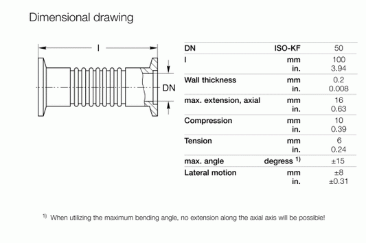 Dimensional drawing of Leybold North America's Bellows with Flanges DN 50 ISO-KF (100 mm) features detailed metric and imperial measurements, specifying wall thickness, axial extension, compression, tension, angle, and lateral motion. Annotations give added info for vacuum systems with ISO-KF flanges.