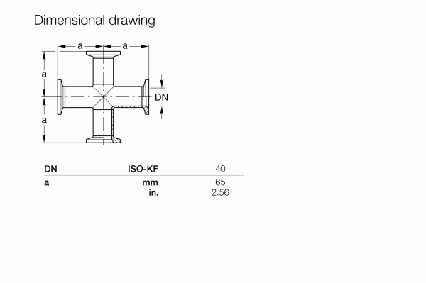 Dimensional drawing of the 4-Way Crosses DN 40 ISO-KF Stainless Steel shows "a" dimensions as 65 mm (2.56 inches). This size, used for vacuum systems, is labeled in the diagram by Leybold North America.