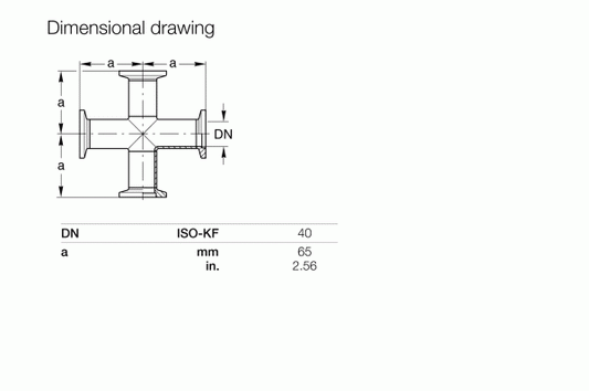 Dimensional drawing of the 4-Way Crosses DN 40 ISO-KF Stainless Steel shows "a" dimensions as 65 mm (2.56 inches). This size, used for vacuum systems, is labeled in the diagram by Leybold North America.