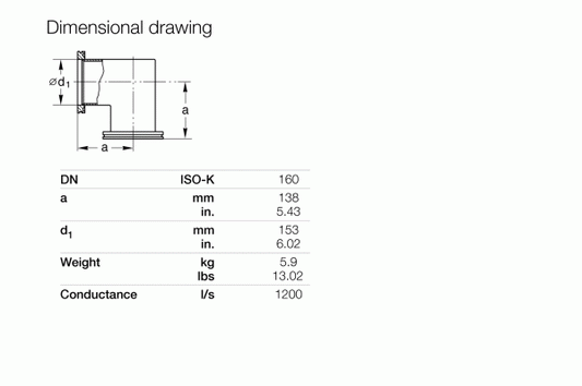 Technical dimensional drawing of the Leybold North America Pipe Bend 90° DN 160 ISO-K flange shows labeled measurements (a = 138 mm, d₁ = 153 mm), weight (5.9 kg), and conductance (1200 l/s); ideal for fluid flow management.