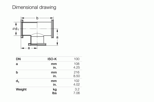 Technical dimensional drawing of Leybold North America ISO-K Tees DN 100 ISO-K, ideal for vacuum systems, features labeled measurements and a table showing dimensions: a (108 mm), b (216 mm), d1 (102 mm), and weight (3.2 kg).