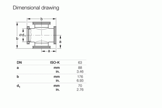 Explore the Leybold North America 4-Way Crosses DN 63 ISO-K component's dimensional drawing, ideal for piping systems. It includes labeled measurements in mm and inches: DN ISO-K 63; a: 88 mm (3.46 in); b: 176 mm (6.93 in); d1: 70 mm (2.76 in). Perfect for complex assemblies.