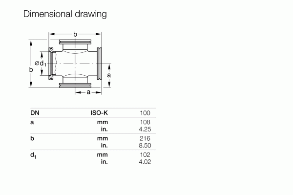 Dimensional drawing of 4-Way Crosses DN 100 ISO-K by Leybold North America, featuring labeled diameter and length as a, b, d1. Includes a table for millimeters to inches conversion, ensuring compatibility with high-quality connectors for industrial use.