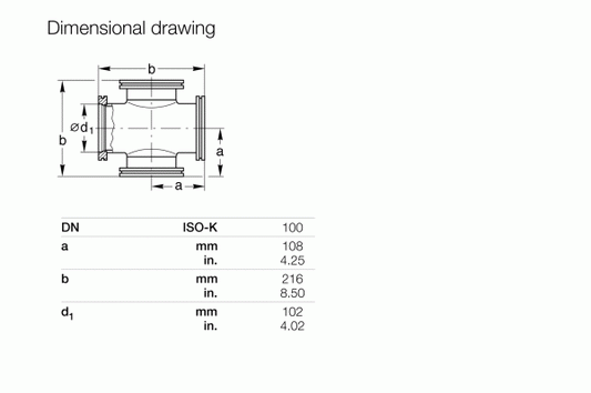 Dimensional drawing of 4-Way Crosses DN 100 ISO-K by Leybold North America, featuring labeled diameter and length as a, b, d1. Includes a table for millimeters to inches conversion, ensuring compatibility with high-quality connectors for industrial use.