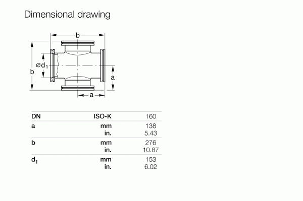 Technical drawing of a Leybold North America 4-Way Crosses DN 160 ISO-K pipe fitting shows piping configurations with dimensions: a: 138 mm (5.43 in.), b: 276 mm, and Ød₁: 153 mm (6.02 in.).