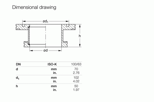 Technical dimensional drawing of the Leybold North America Reducers DN 100/63 ISO-K for vacuum systems, with side and sectional views. Table shows d = 70 mm, d₁ = 102 mm, h = 50 mm, inch values, and ISO-K specs for vacuum connections.