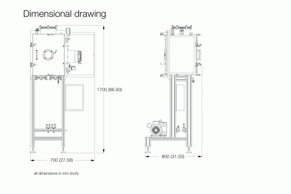 A technical dimensional drawing of the Glove Box System UNIVEX 250 G by Leybold North America, featuring a vertical machine with a base width of 700 mm (27.56 inches) and an overall height of 1700 mm (66.93 inches). The side view showcases a depth of 800 mm (31.50 inches), highlighting various detailed mechanical components.

