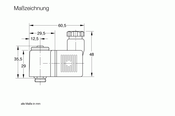 Technical drawing labeled "Maßzeichnung" of the Leybold North America Solenoid Coil for Pilot Valve - 230 V AC - 50/60 Hz, featuring dimensions: 60.5 mm in length, 48 mm in height, along with other specified parts measured in millimeters. Notes indicate all measurements are given in mm.