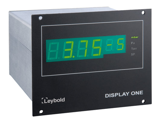 An electronic display device labeled "Leybold North America Shop Display ONE" with a screen showing the number "3.75" mbar in green digits. The unit offers readings in mbar, Pa, Torr, and SP. The background is primarily black with a sleek, rectangular design.