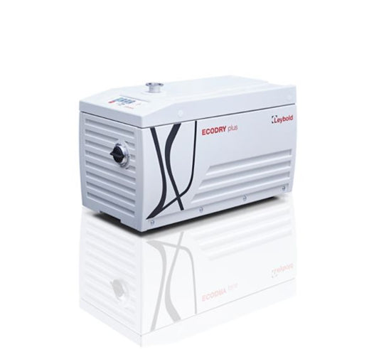 A white Leybold Ecodry Plus ECODRY 35 vacuum pump with a rectangular shape, slightly reflective surface below, and distinct Leybold logo and lettering on its side. The unit features ventilation grilles and a control interface on the top.