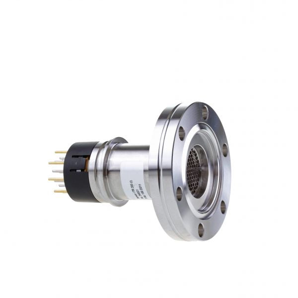 A Replacement Sensing Cell IE 200 DN 40 CF by Leybold North America with a circular DN 40 flange and multiple electrical connectors. This component appears designed for scientific or industrial applications, potentially aiding in sensor readings. The background is plain white.
