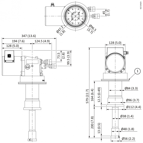 Technical drawing of the COOLPOWER 10 MDi by Leybold North America, illustrating side and top views. Multiple dimensions are marked, including heights of 529 mm, 347 mm, and 128.5 mm; diameters of parts at Ø37.5 mm and Ø96 mm; along with widths specified in both millimeters and inches. The complex assembly includes various components and connectors.