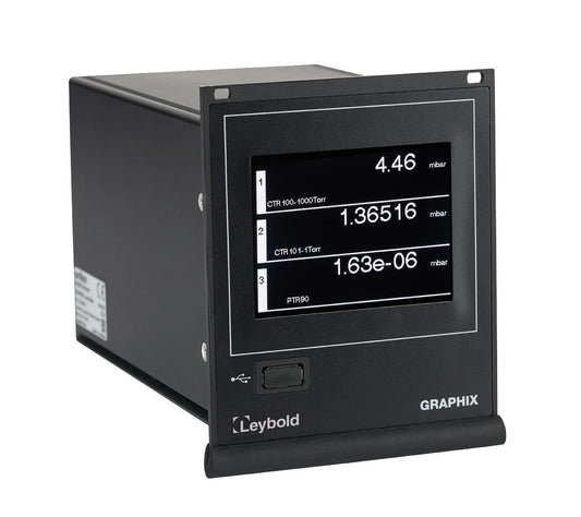 A Leybold North America Shop Graphix Three vacuum gauge controller with a digital display showing three pressure readings: 4.46 mbar, 1.36516 mbar, and 1.63e-06 mbar. The device is black, box-shaped, and features a small screen and USB port.