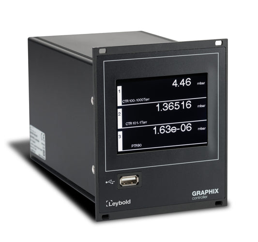 A Leybold North America Shop Graphix One vacuum pressure controller with a digital display, showing pressure readings in mbar and Torr. The device has a black rectangular casing with a front-facing screen, a USB port, and branded text on it.