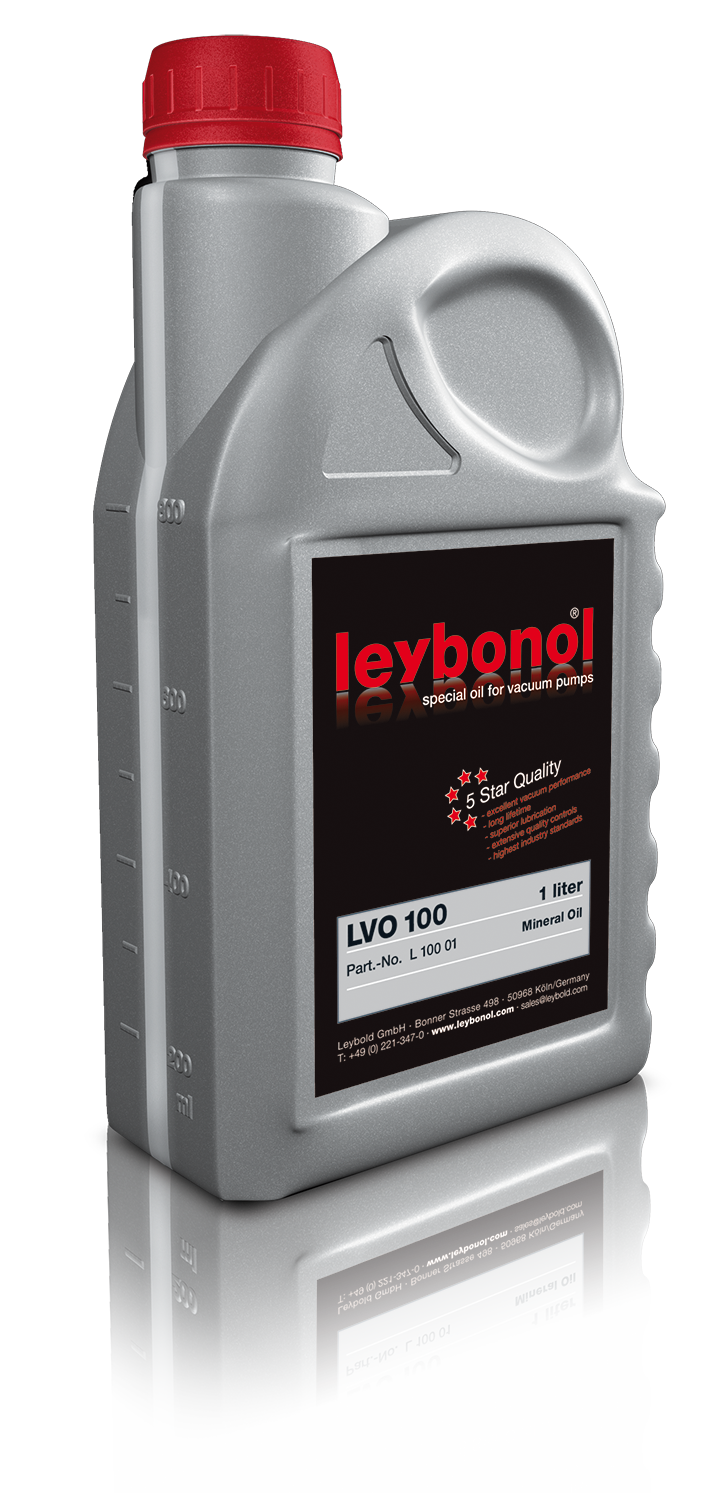 An industrial container with a red cap labeled "Leybold LEYBONOL LVO 100, special oil for vacuum pumps." The label mentions "5 Star Quality," "LVO 100," "1 liter," "Mineral Oil," and includes product information and specifications. The container is reflective.