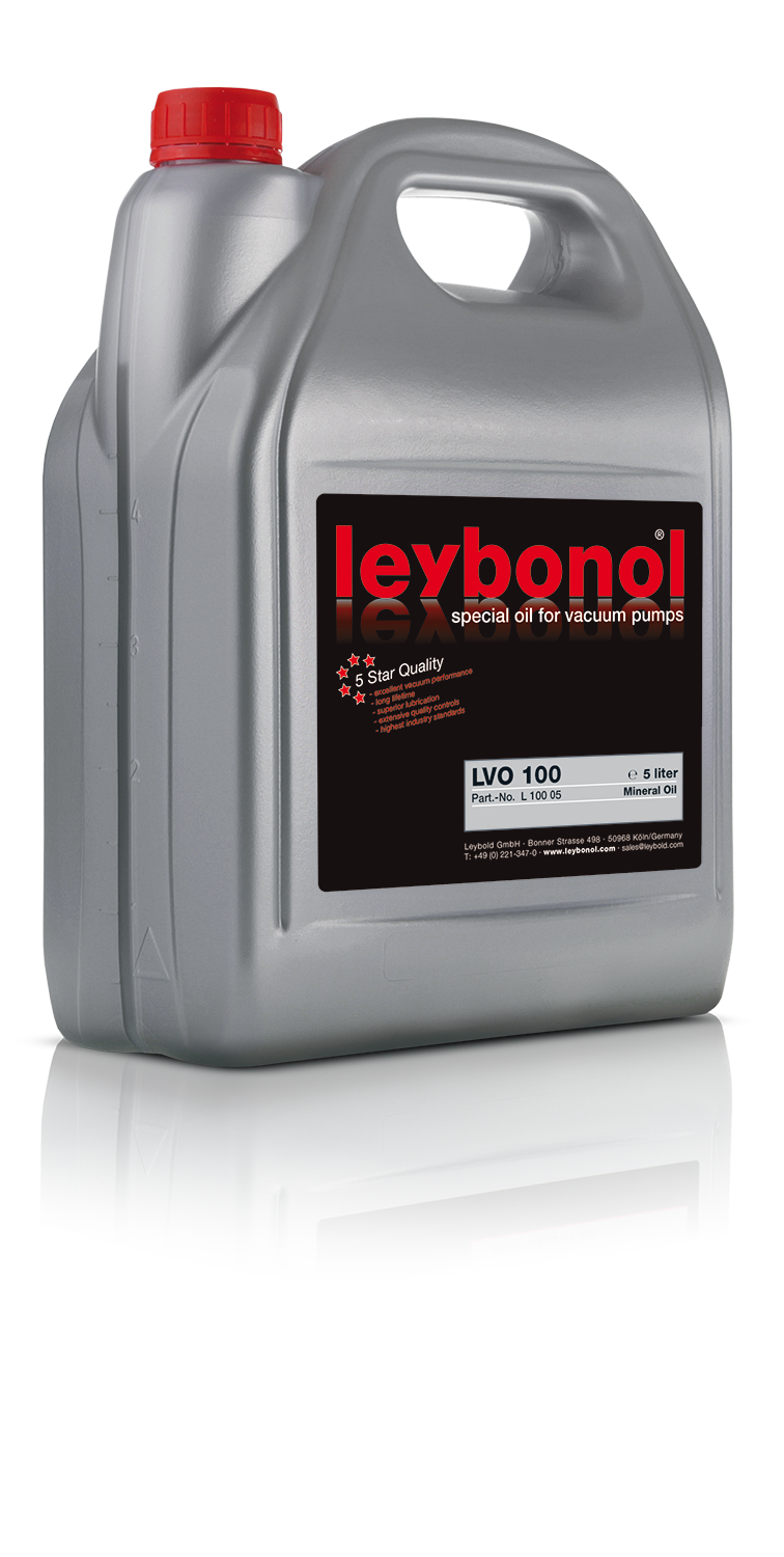 A grey plastic container with a red cap containing Leybonol special oil for vacuum pumps. The black label on the front reads "LEYBONOL LVO 100" by Leybold with additional descriptions, and the container holds 5 liters of material oil.