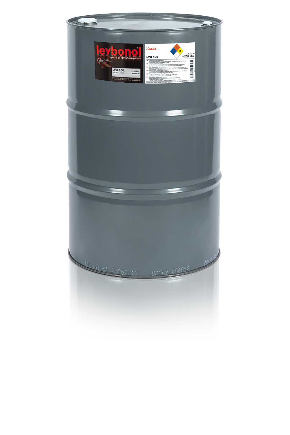 A grey industrial barrel labeled "Leybold." The label indicates it contains LEYBONOL LVO 100 synthetic oil, with specifications and safety information. The barrel is cylindrical with metal ridges for reinforcement, standing upright against a white background.