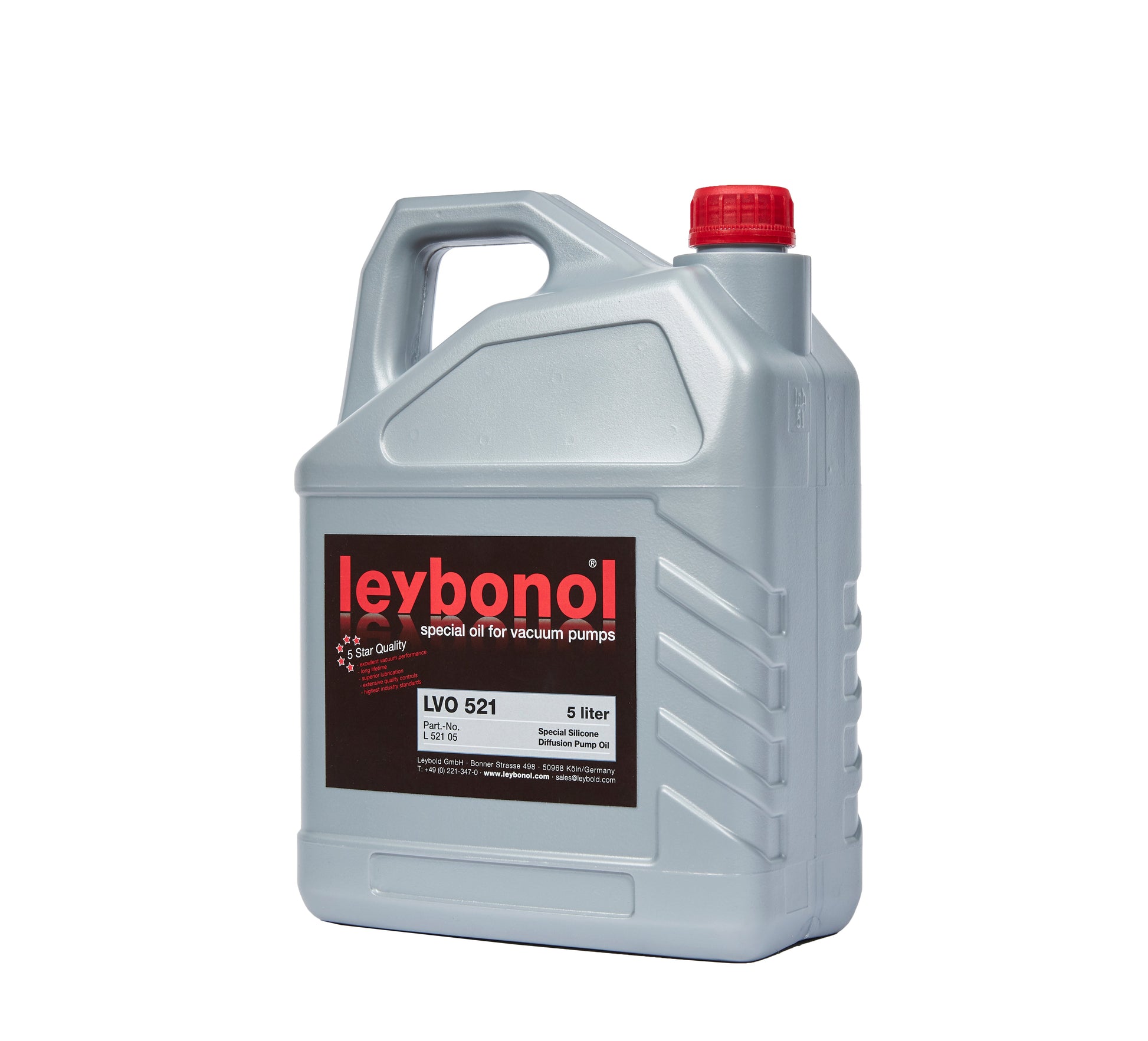 A gray 5-liter container of Leybold "LEYBONOL LVO 521" special oil for vacuum pumps with a red cap. The label indicates "LVO 521" and provides product details. The container has a handle and grooves on the side for grip.