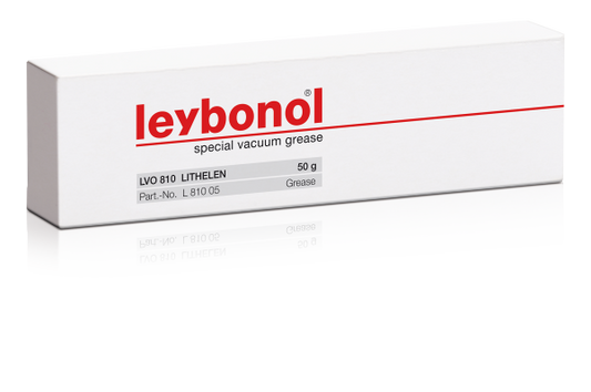 The image shows a white rectangular box of Leybold North America special vacuum grease. The label on the box indicates that it is LEYBONOL LVO 810 (LITHELEN), 50g, with the part number L 810 05.