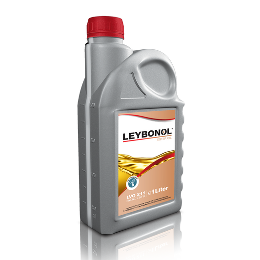 A gray plastic bottle with a red cap labeled "Leybold North America LEYBONOL LVO 211, 5 Liter" containing 5 liters of lubricant. The label features an image of oil pouring out of a container and several icons. The background is white, and the bottle is positioned slightly angled to the right.