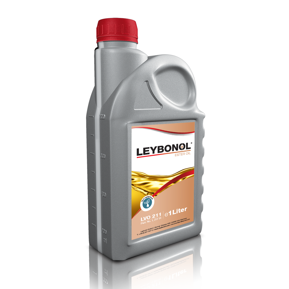 A gray plastic bottle with a red cap, labeled "LEYBOLD LEYBONOL LVO 211" with a capacity of 1 liter. The label features an image of oil being poured and some technical information. The bottle has a handle near the top for easy pouring.