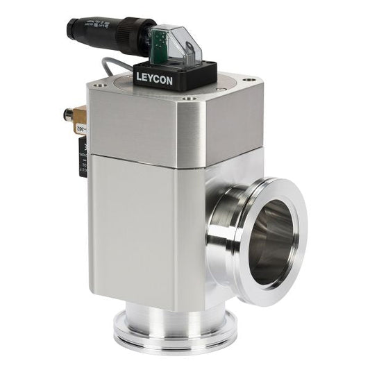 The Leybold North America DN 63 ISO-K Right Angle Valve is an electropneumatically operated stainless steel valve (100-115V AC pilot) with a cylindrical body, "LEYCON" control unit, and large ISO-K flanges—perfect for pneumatic system integration.
