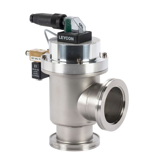 An ISO-K right-angle valve, electropneumatically operated, featuring a cylindrical body with flanged ends and various attached components. The top is equipped with a black electronic sensor module labeled "Leybold North America," along with a small attached brass valve and flexible tubing extending from it.