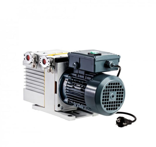 Image of a Leybold TRIVAC D 4 B rotary vane vacuum pump with a grey and black motor. The device has a power cord attached and is mounted on a base. The main body of the pump features fins for cooling, and the motor has a ventilation fan. The background is white.