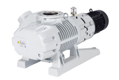 The RUVAC WAU 2001 by Leybold North America is a white, industrial vacuum pump featuring a cylindrical structure and cooling fins on the body. It has an attached black motor, visible bolts, and mounting feet for easy installation. This compact unit is engineered for heavy-duty applications.