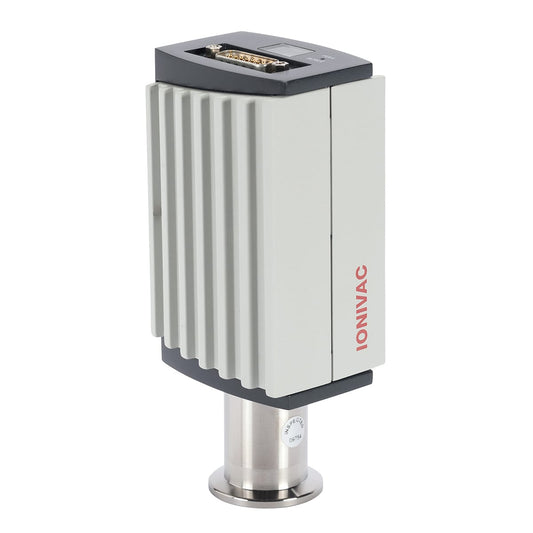 A rectangular, light gray device with vertical ridges on one side and a metallic cylindrical base. It has a serial port connector on the top and the words "IONIVAC ITR 90 w/ Display" in red along the side. The cylindrical base ends in a flat circular attachment from Leybold North America Shop.