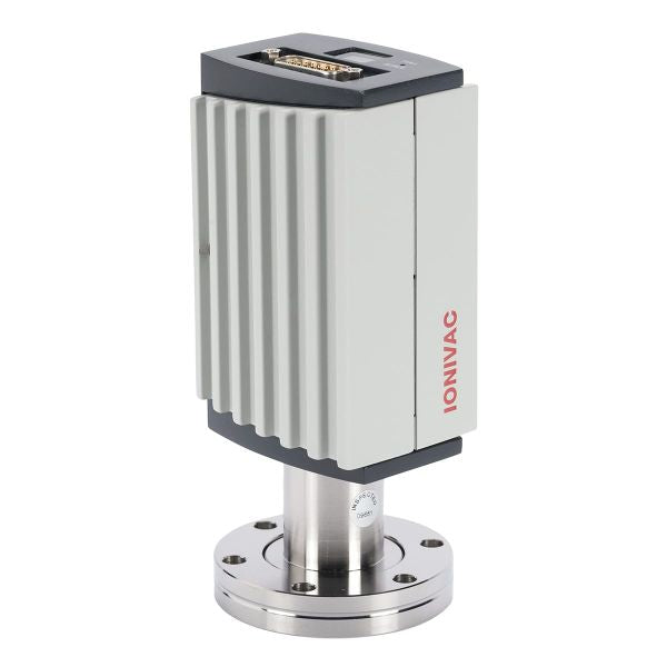 A medical or laboratory device known as the IONIVAC ITR 90 Display by Leybold North America, featuring a grey rectangular body with red "IONIVAC" markings. The sides have a corrugated design and it is mounted on a stainless steel flange base. There is also a connector port on the top of the device.
