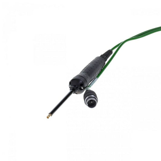 The Leybold North America Sniffer Line QUICK TEST QT 100 (5 m) features a green wire with a black probe and detachable round black cap, used to detect refrigerant leaks in HVAC systems. Displayed against a white background.