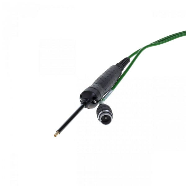 The Leybold North America Sniffer Line QUICK TEST QT 100 (20 m) is a black and green electronic probe with a pointed metal tip, detachable cap, portable design, and green cable—ideal for real-time monitoring against a white background.