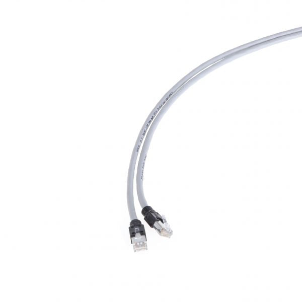 A coiled Connecting Cable Type A (50m) by Leybold North America, in grey with two clear connectors, lies on a white background, designed for fast data transfer to ensure seamless connectivity.